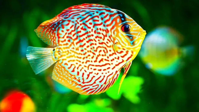A colorful Discus fish swimming up in an aquarium.