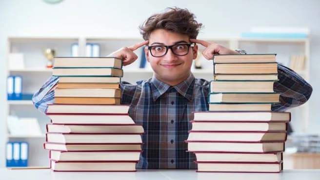 Nerd funny student improving general knowledge with many books.