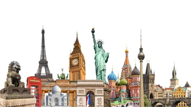 Geography world landmarks collage.