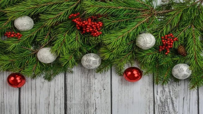Christmas Holiday Tree with red and white decoration on a wooden background.