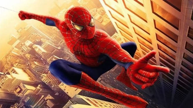 Spiderman jumping between buildings, in an official poster of a movie.