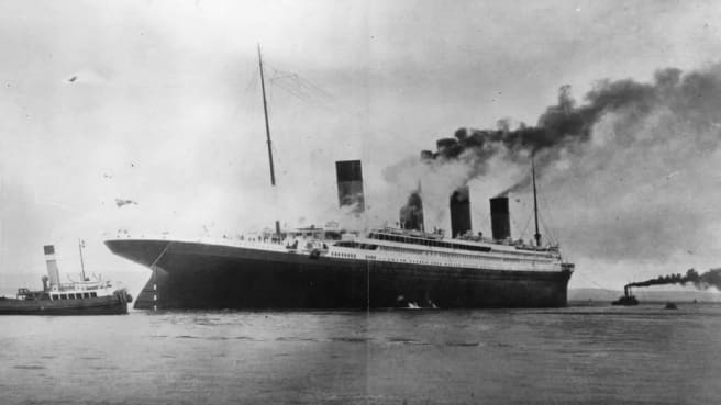 The Titanic in a black and white image.