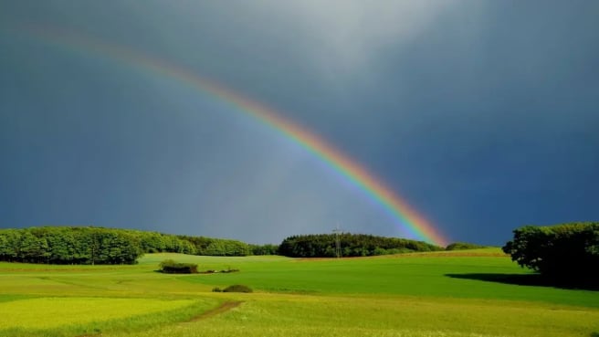 A rainbow in the sky.