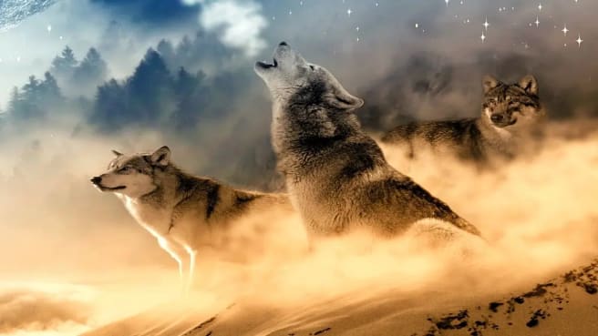 A wolf's pack is running and howling.