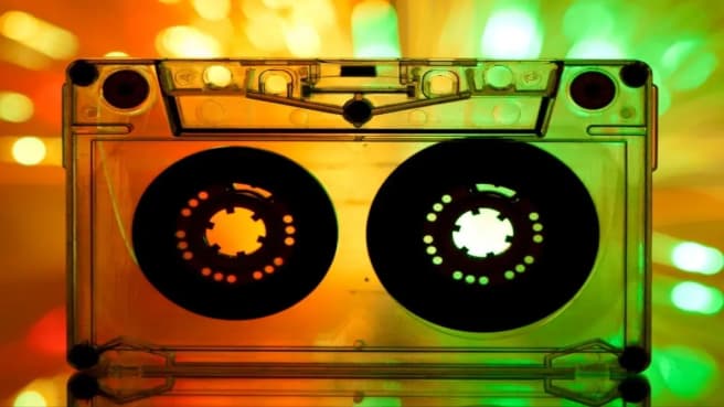 80s music cassette with flashy colors.