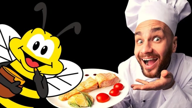 A crazy chef cooking food and the "Quiz Beez" bee eating honey.