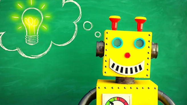 A funny robot thinking about general knowledge and has a light bulb on top of his head.