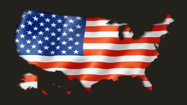 A flag of the united states of America in the geographical shape of the country.