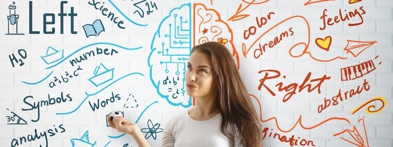 A woman with a sketch behind her of the left brain and the right brain.