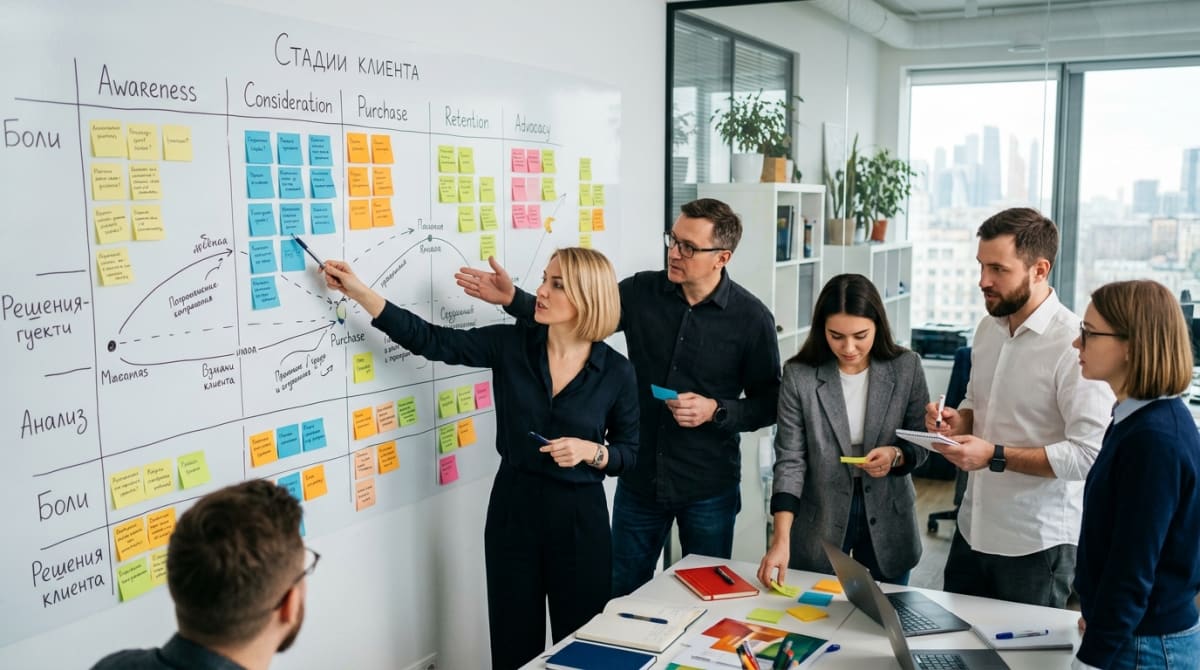 Как построить Customer Journey Map пошагово: команда заполняет карту пути клиента