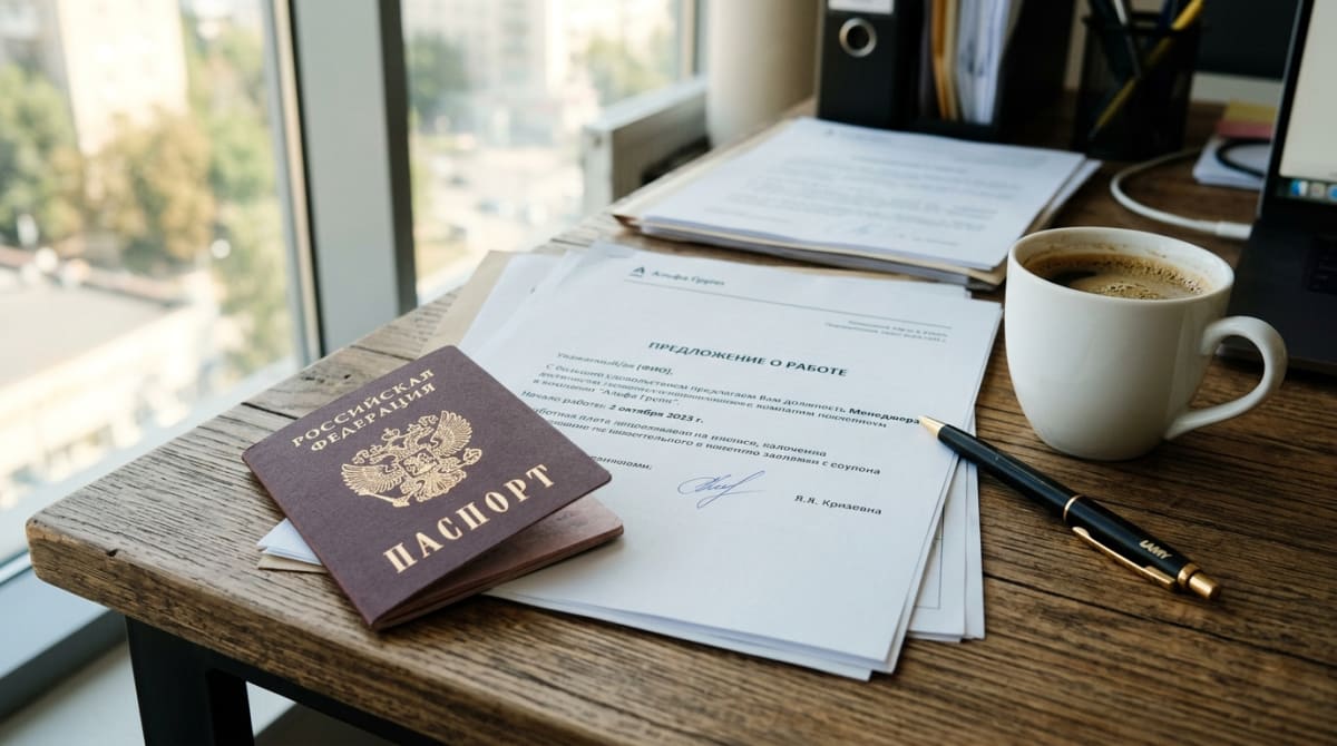 Российский загранпаспорт и документы об оффере на столе перед оформлением рабочей визы