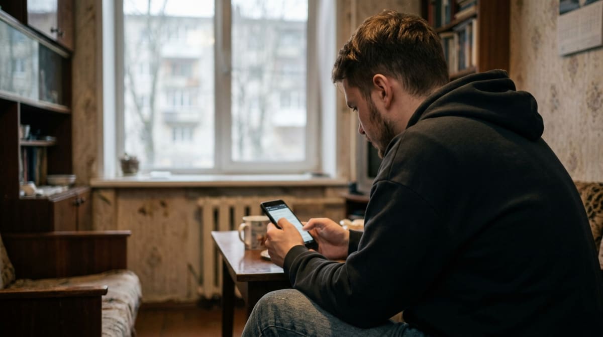 Человек проверяет статус повестки в реестре на смартфоне