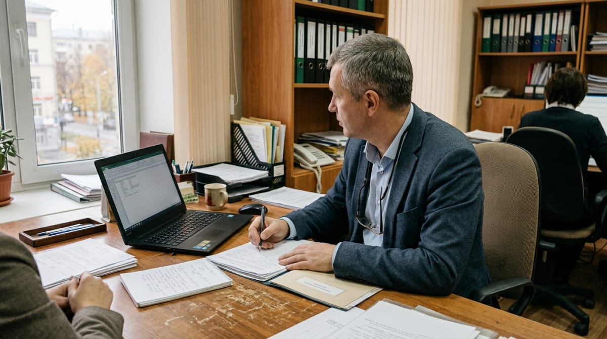 Специалист по воинскому учету проводит консультацию за рабочим столом