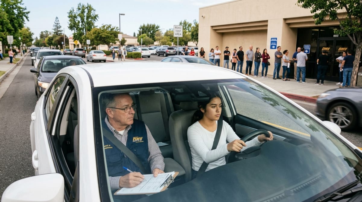 Сдача практического экзамена road test у здания DMV с очередью