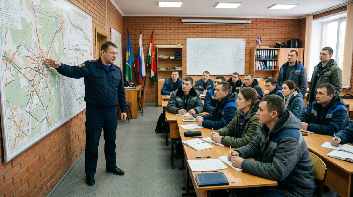 Инструктор объясняет группе материал у учебного стенда