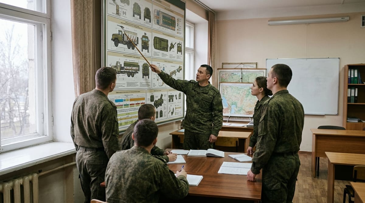 Инструктор разбирает направления специальности у стенда с группой