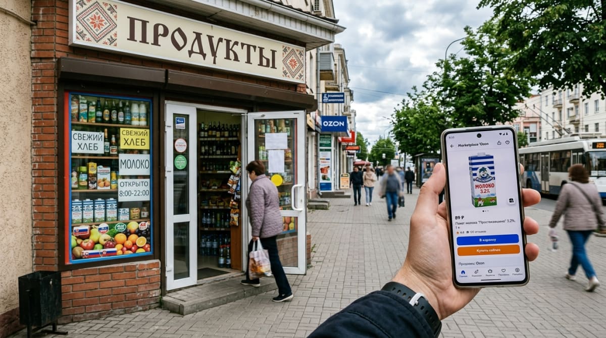 Витрина небольшого бизнеса и смартфон с карточкой товара - два пути к клиенту