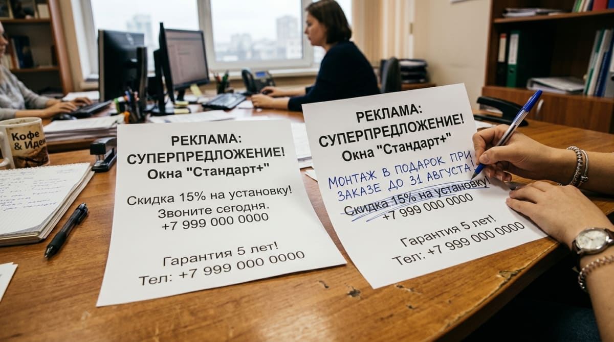Два варианта рекламного макета с правками от руки