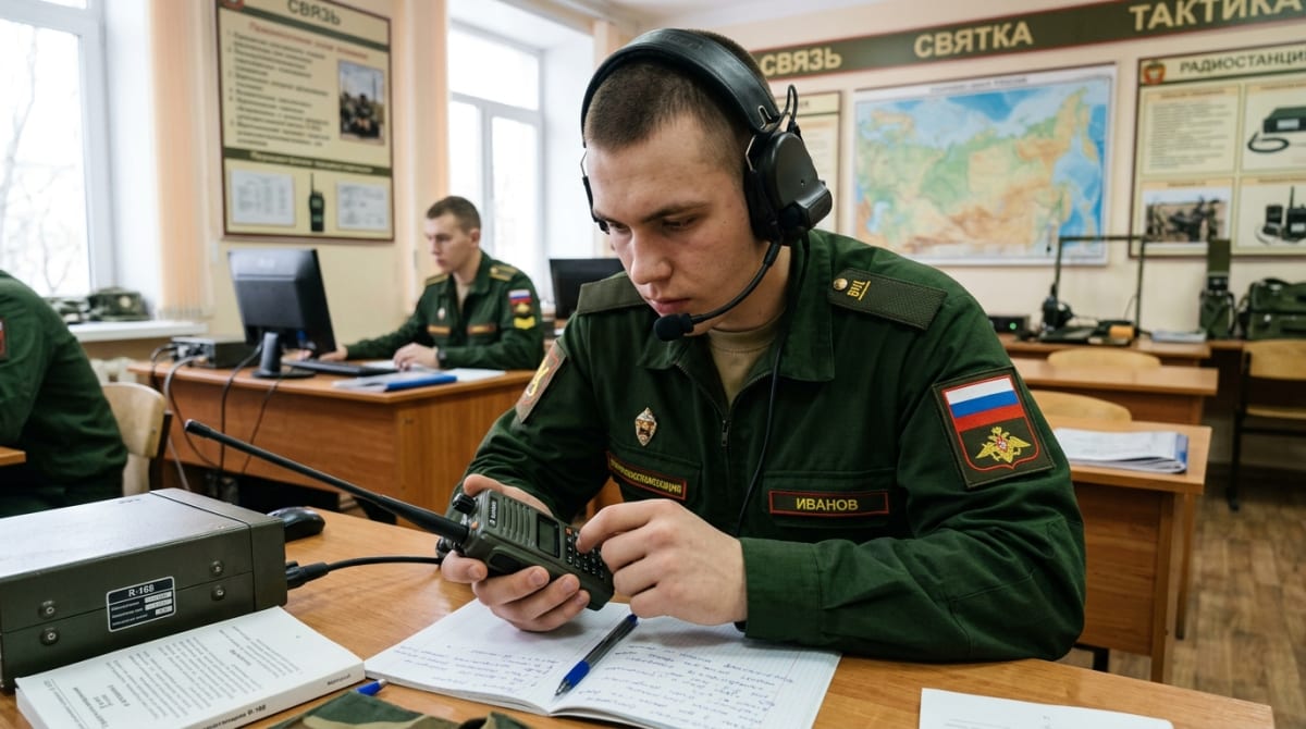 Курсант отрабатывает работу со средствами связи - радиостанция и гарнитура