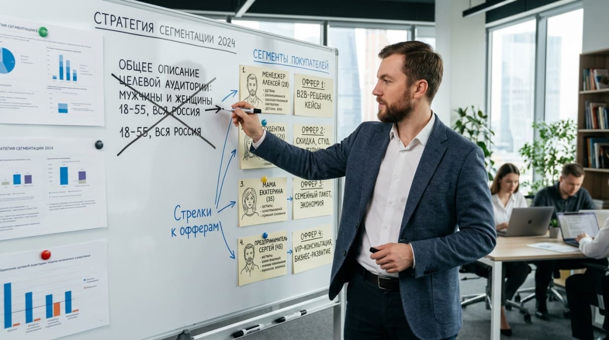 Маркетолог у доски перечеркивает общее описание аудитории рядом с четырьмя карточками сегментов