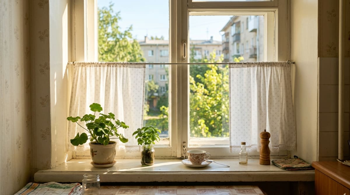 Короткие шторы-кафе на кухонном окне, верх окна открыт