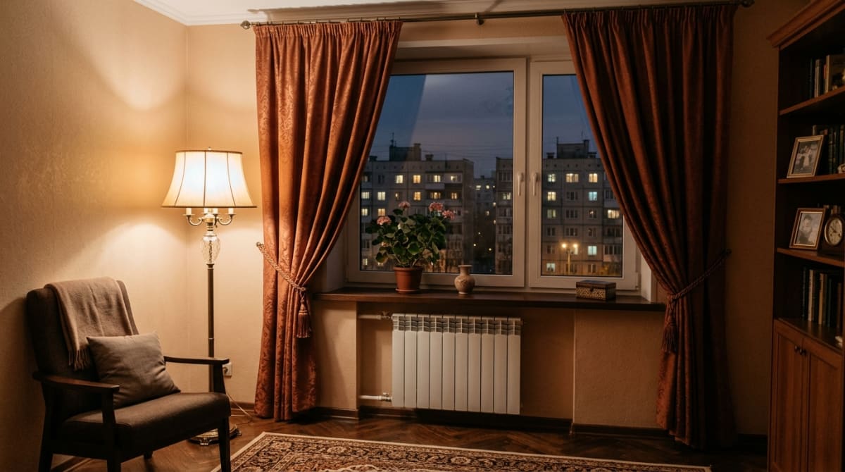Готовое окно с классическими шторами и подхватами в интерьере гостиной