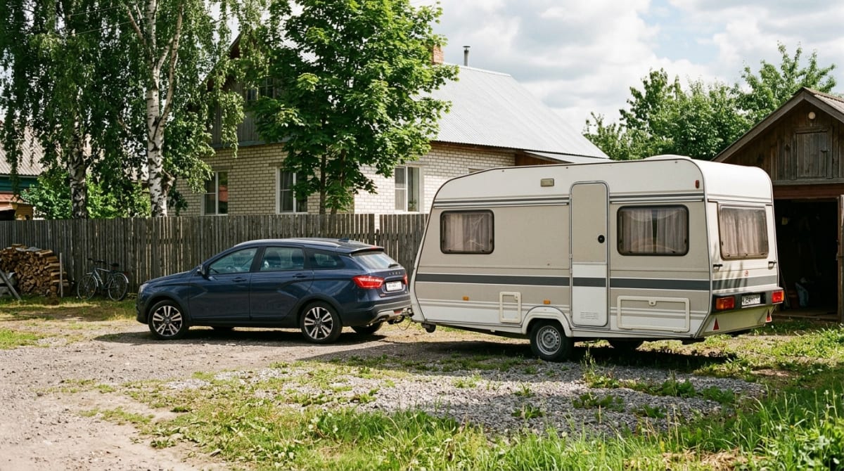 Прицеп-дача, сцепленный с легковым автомобилем, готовый к регистрации в ГИБДД