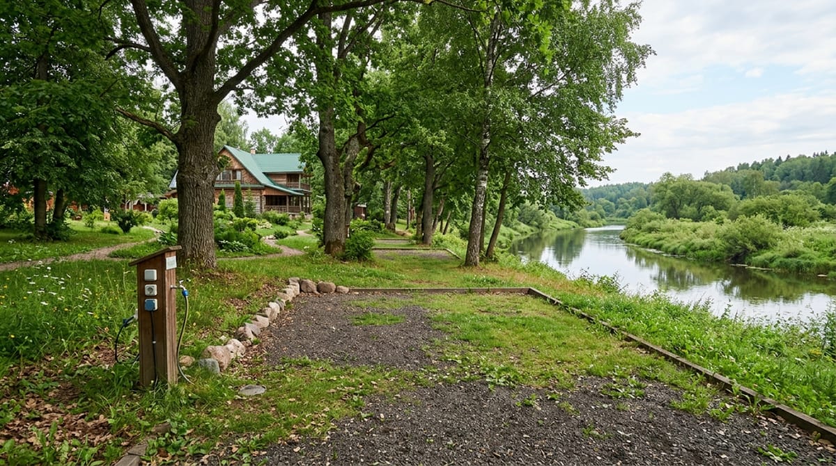 Усадебная территория базы отдыха с площадкой под прицеп у воды.