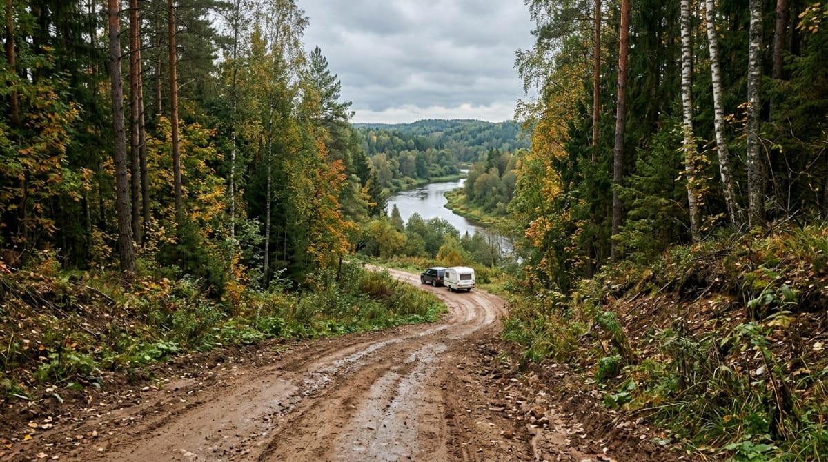 Лесная грунтовая дорога, спускающаяся к реке на юге Ленинградской области
