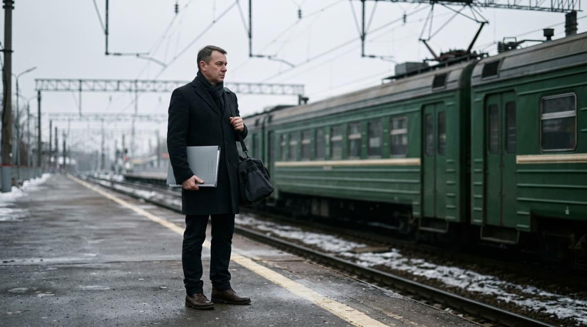 Специалист с документами на перроне вокзала едет на сдачу экзамена в другой город
