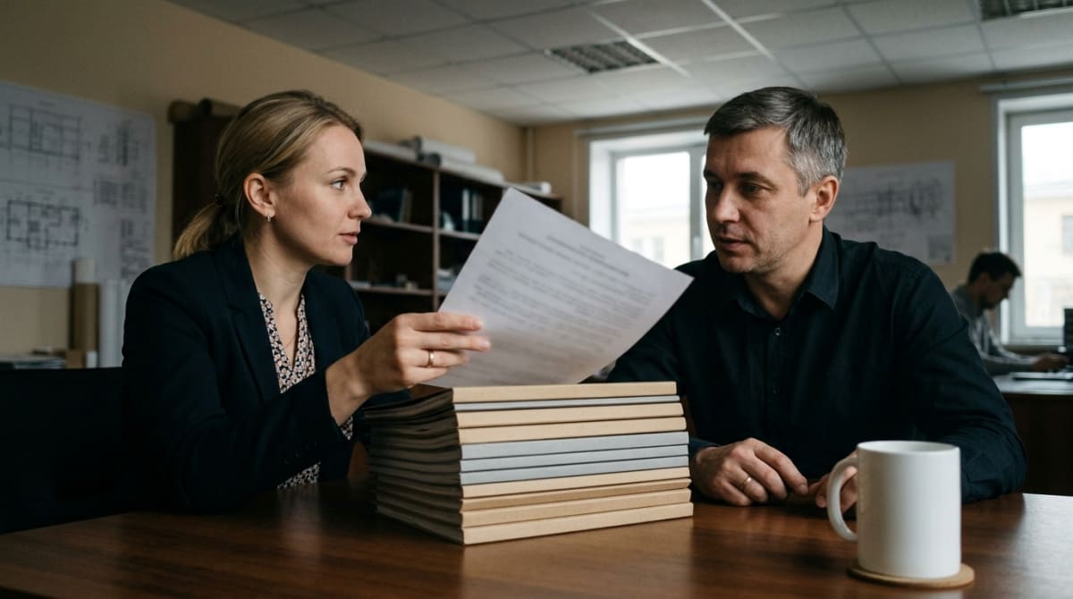 кадровый специалист и руководитель компании разбирают личные дела сотрудников