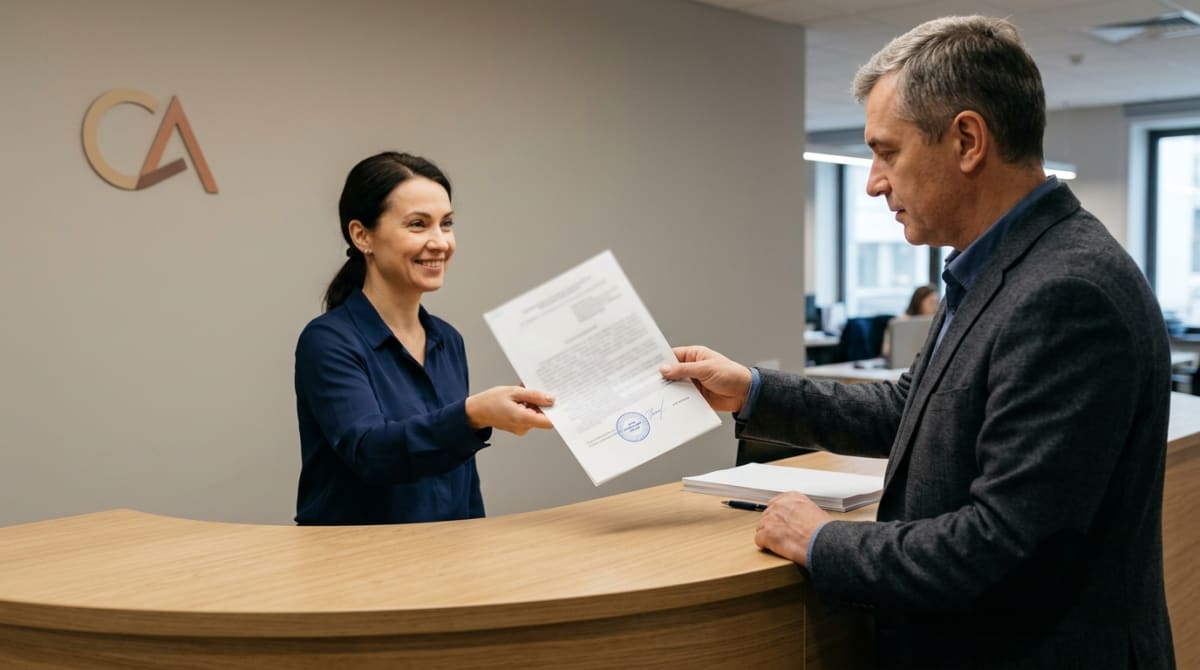 Сотрудница СРО передает представителю компании заверенный документ с печатью через стойку