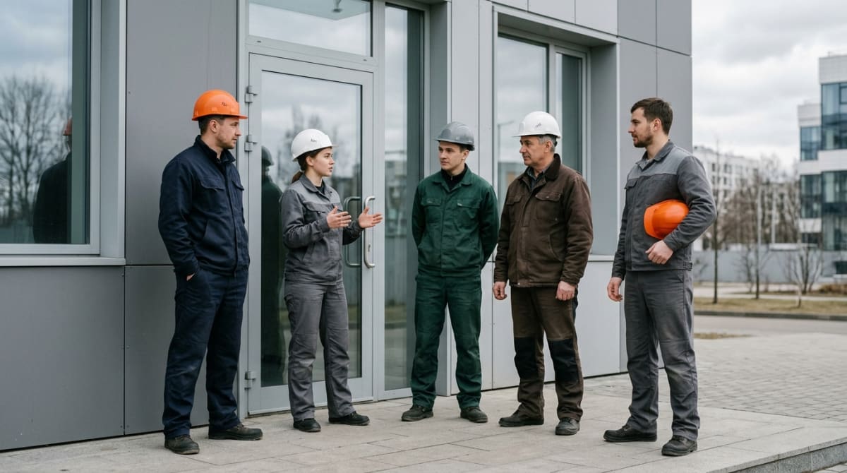 Команда строительной компании у входа в офис
