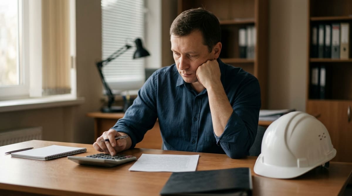 Руководитель строительной компании считает уровень ответственности за столом с распечаткой и калькулятором