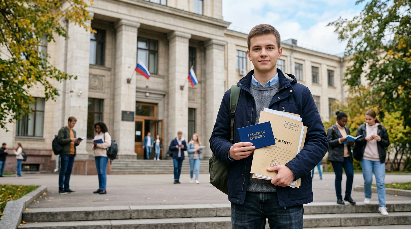 Студент с зачеткой и документами у здания вуза