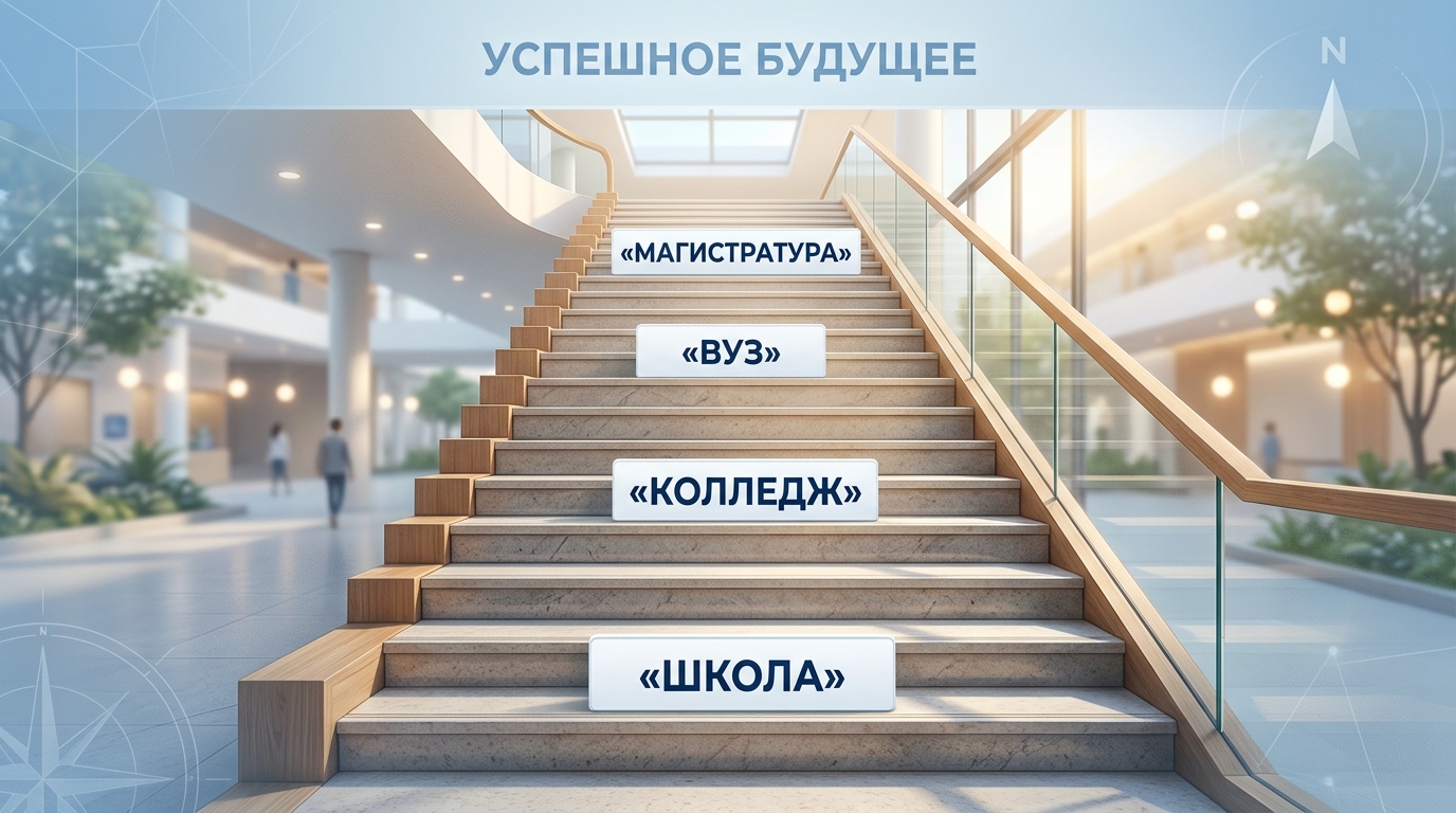 Лестница-метафора образовательного пути: школа, колледж, вуз, магистратура