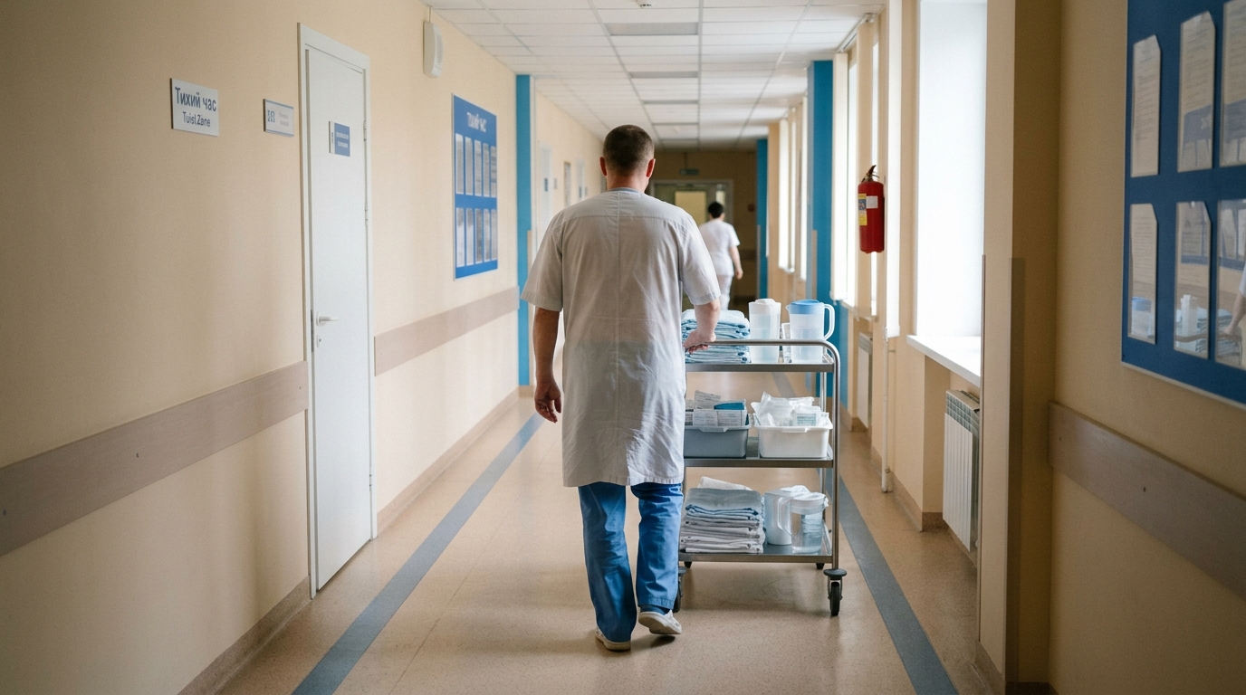 Санитар за работой в коридоре больницы