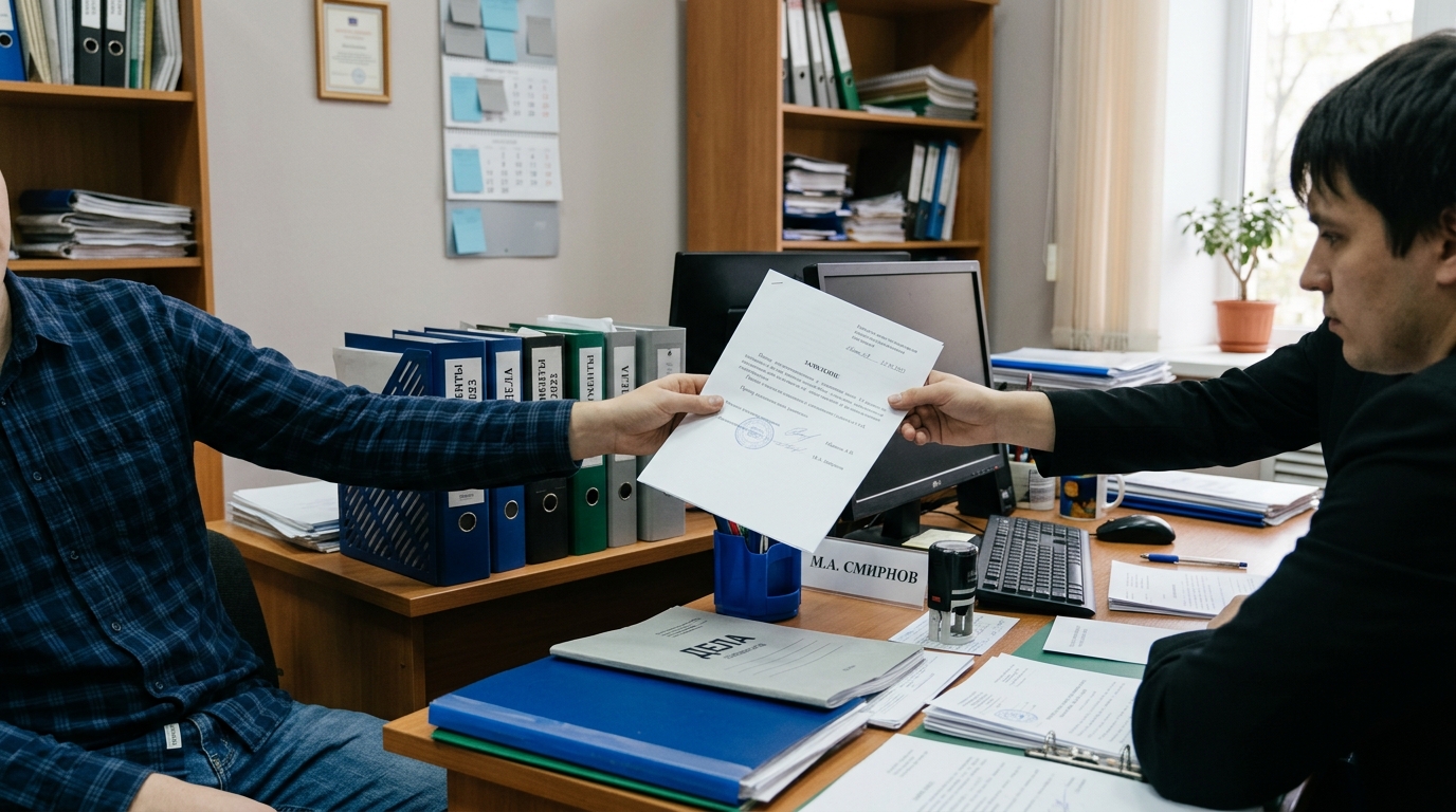Подача заявления сотруднику военкомата за столом