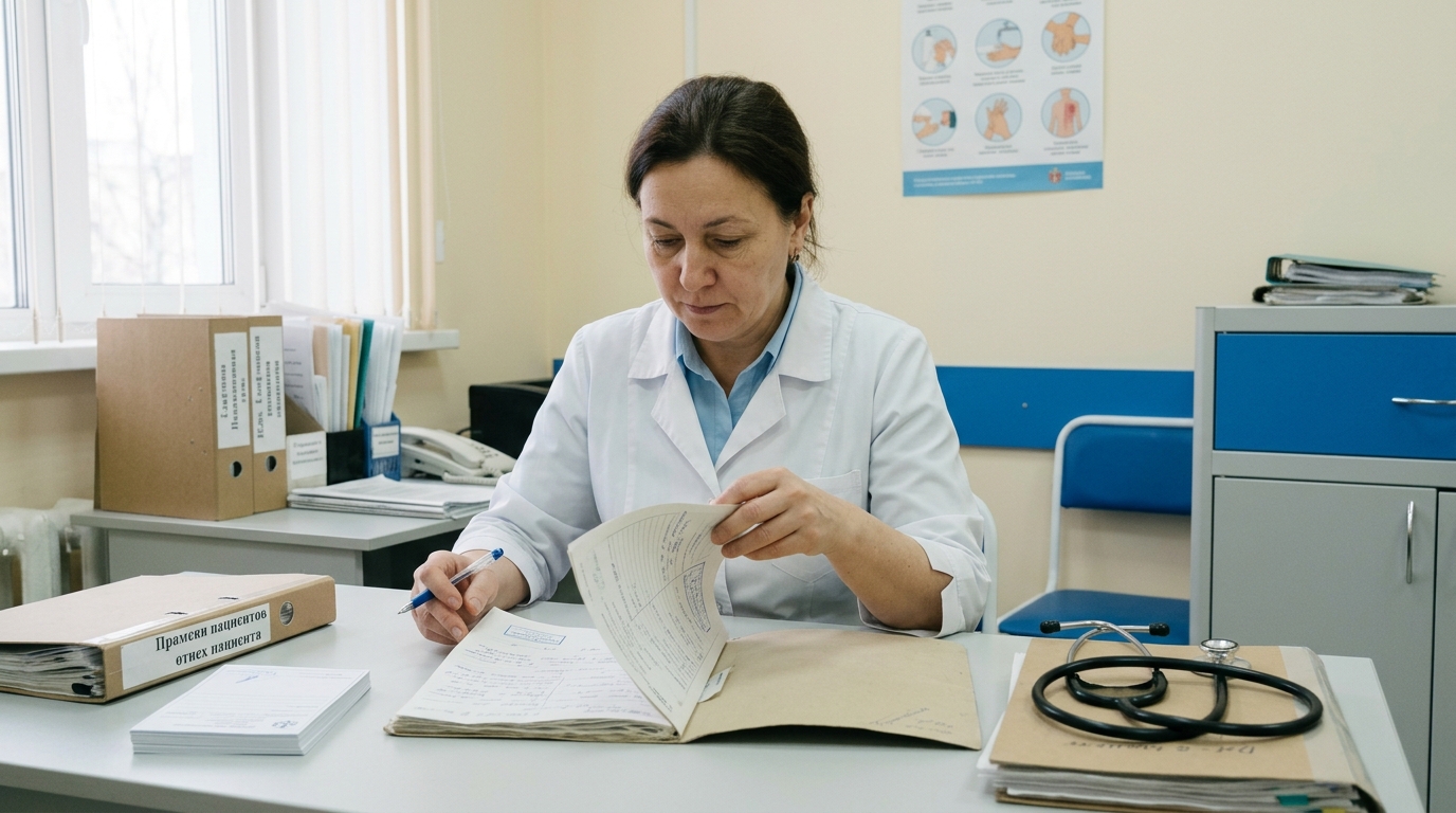 Врач изучает медицинскую карту и документы призывника на медкомиссии