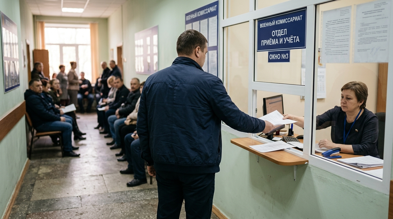 Мужчина подает заявление в окно военного комиссариата