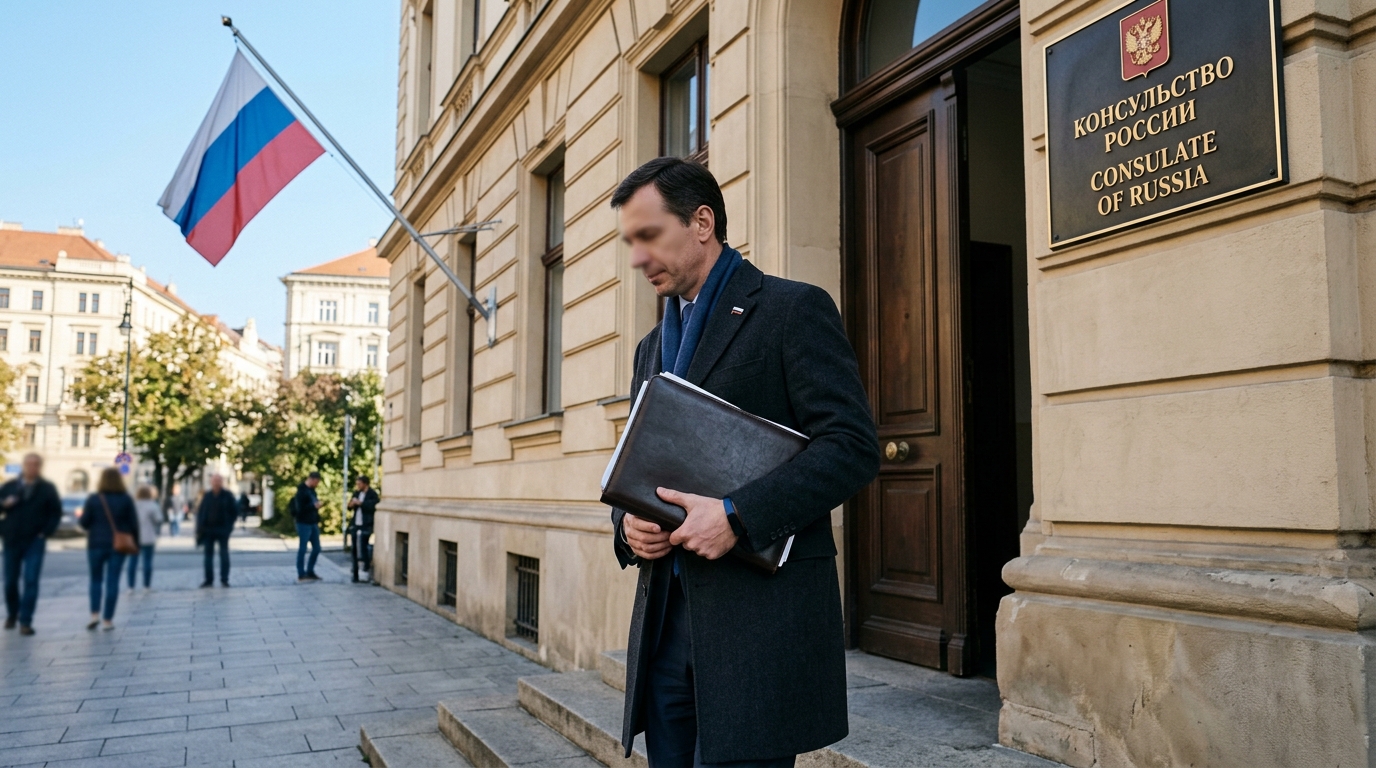 Мужчина с папкой документов у здания российского консульства за границей