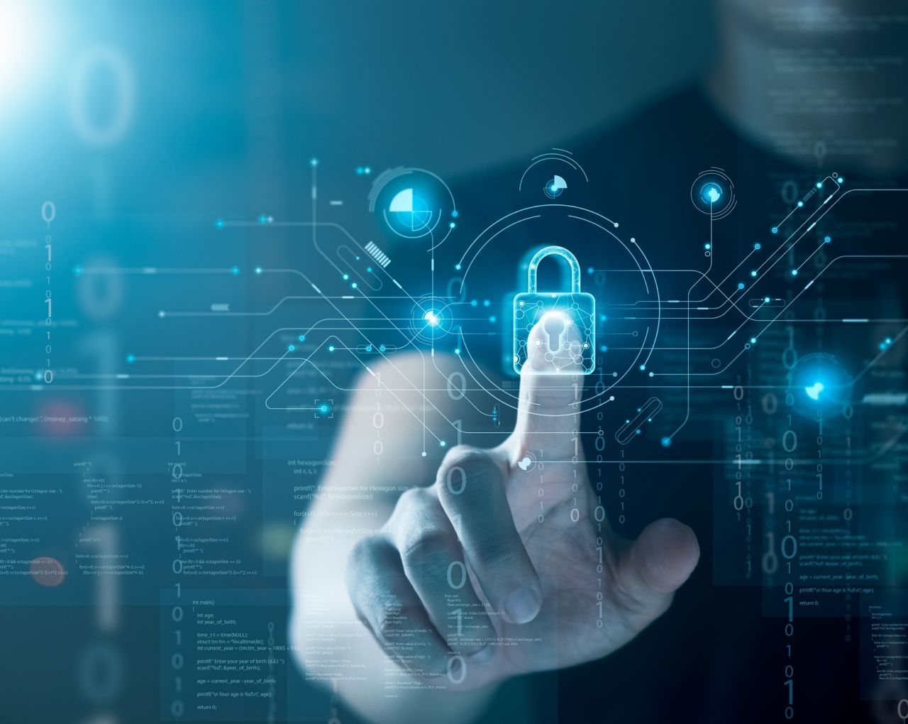 A man clicking a padlock on a transparent touch screen