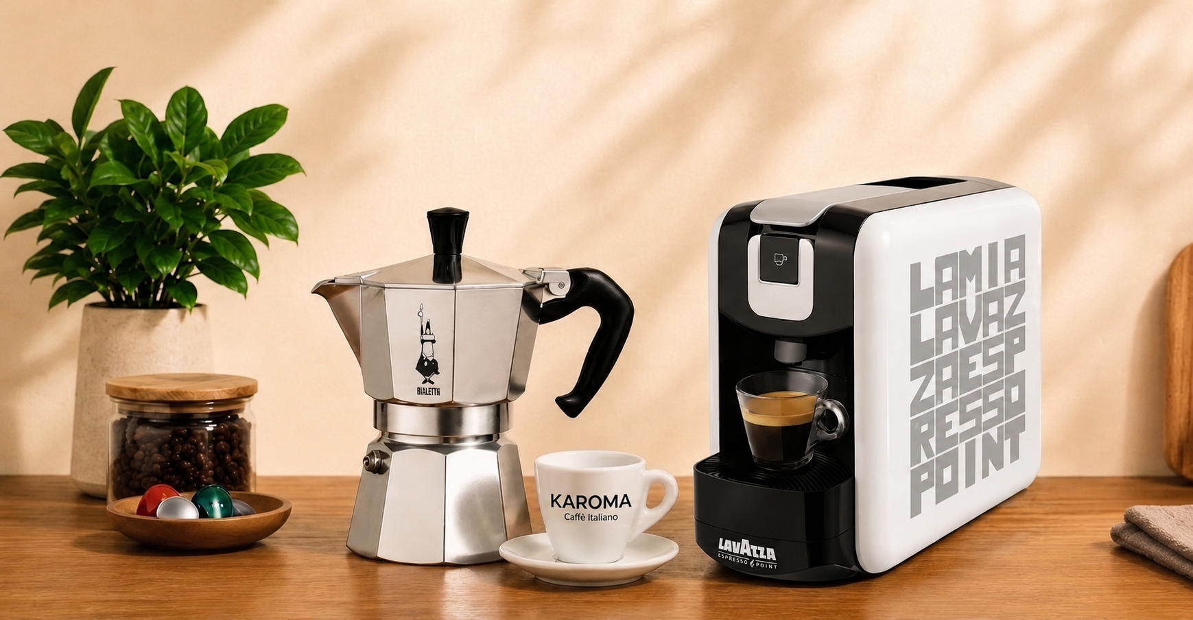 Warm beleuchtetes, minimalistisches Kaffee-Setup mit Moka-Kanne, Espresso-Maschine und Pflanzen auf einer Holzarbeitsfläche im natürlichen Sonnenlicht.