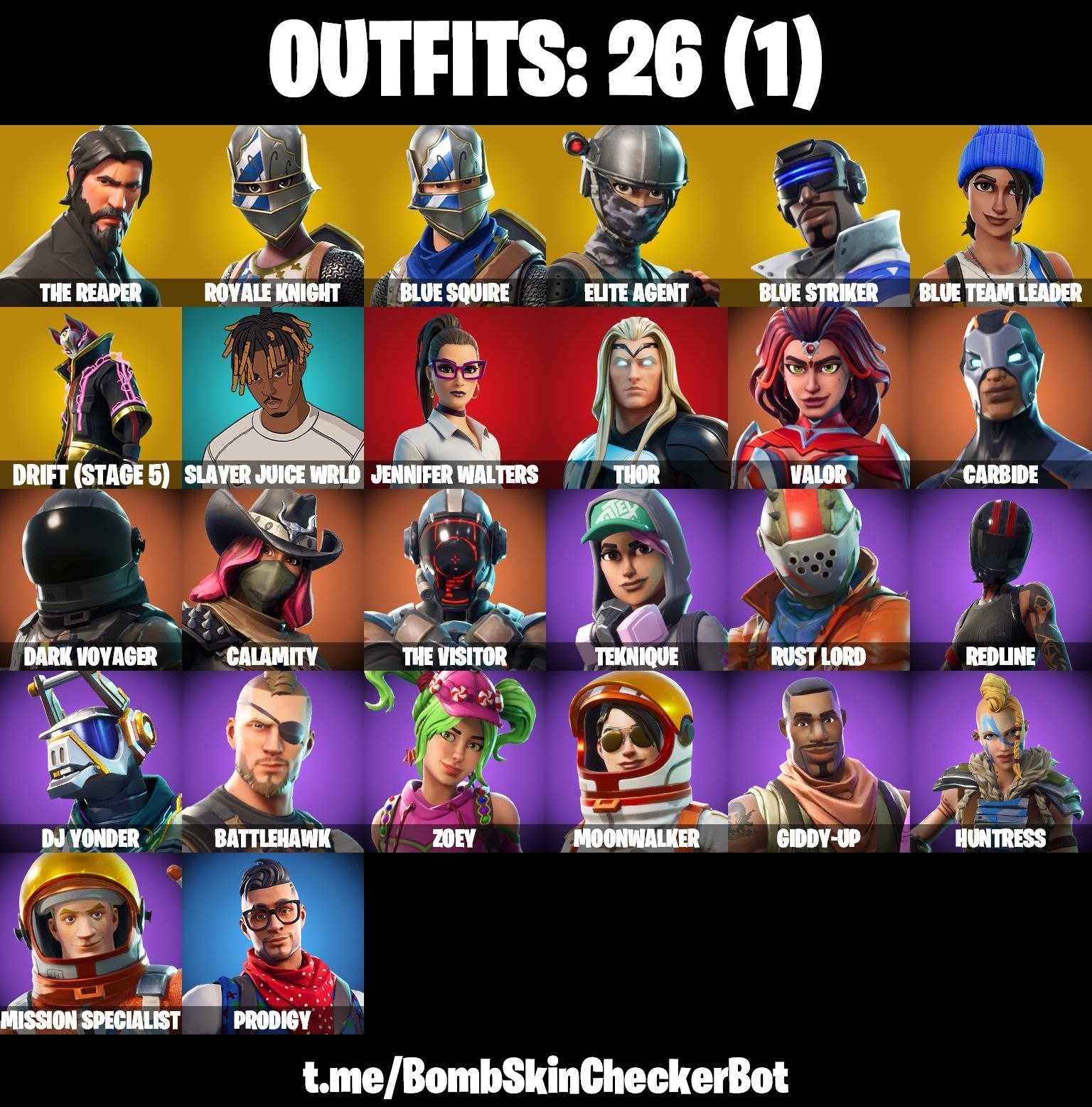 Fortnite Account ( PLAYSTATION / XBOX / PC / MOBILE / NINTENDO ) (Blue Squire, The Reaper, Take The L, Royale Knight, Blue Striker, BIue Team Leader, Take The Elf, Reapres Skull, Reaper Back) (26 Skins)