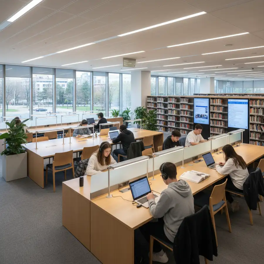 A student studying in a quiet coffee shop