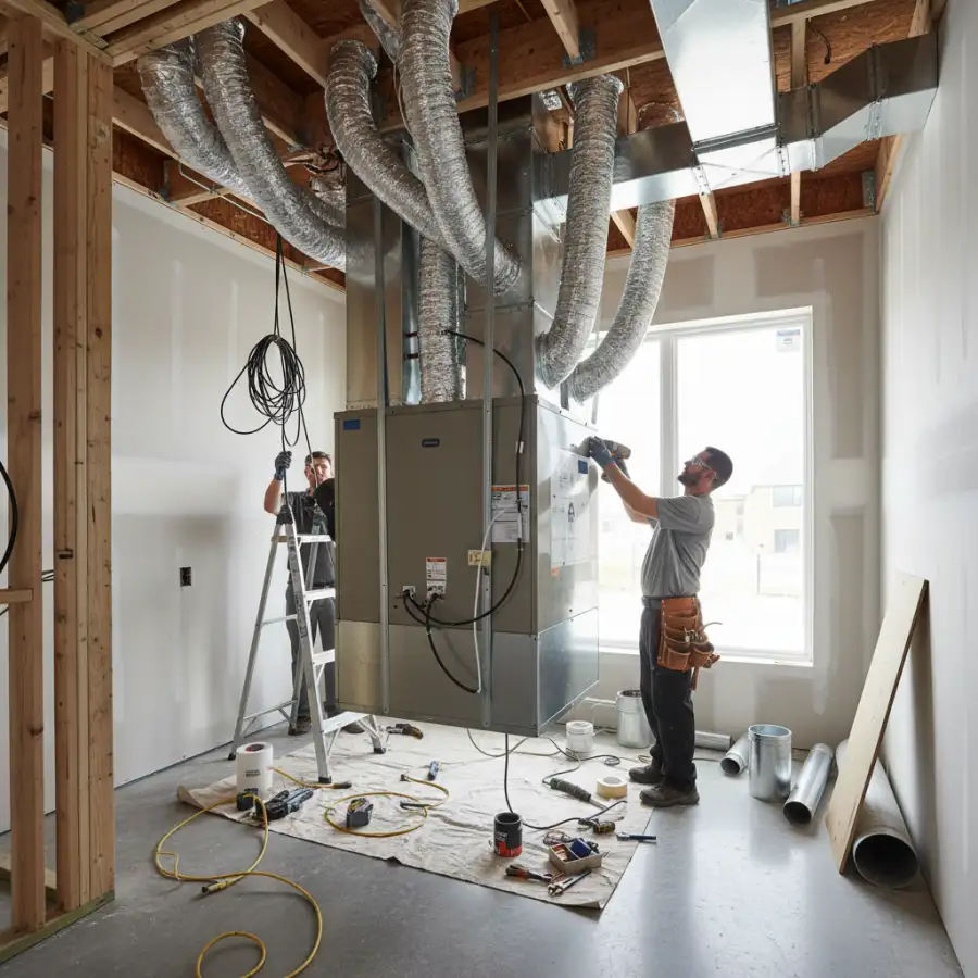 HVAC system installation with ductwork