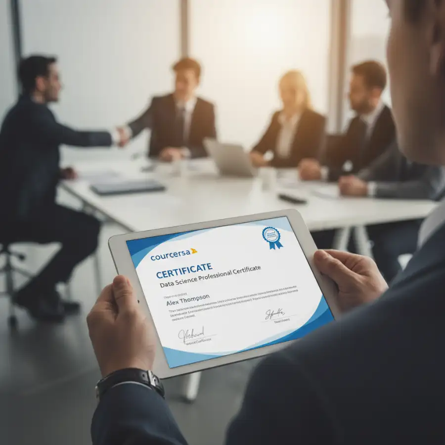 A person studying on a laptop with a Coursera certificate displayed.
