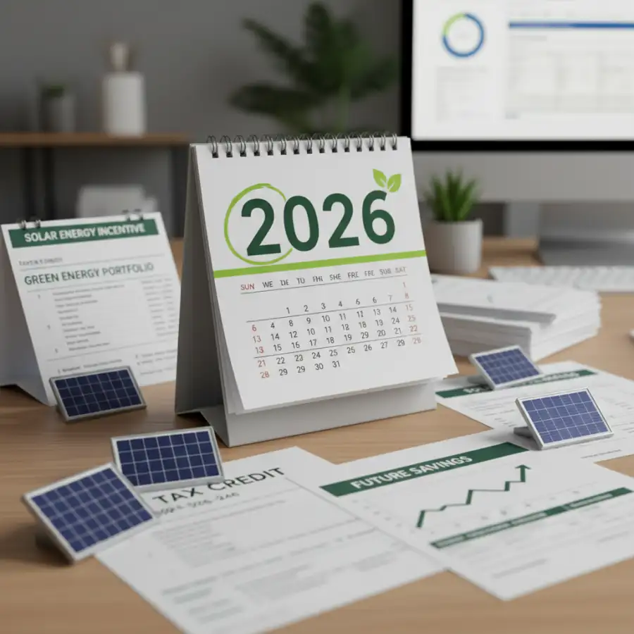 Solar panels on a roof, with a sunny blue sky, representing solar energy