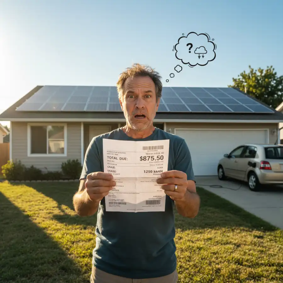 Solar panels on a roof, with a clear sky in the background