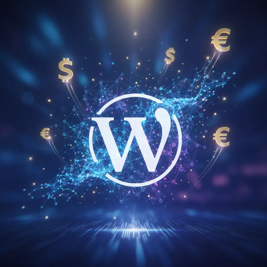 شخص يعمل على جهاز لوحي مع شعار ووردبريس والذكاء الاصطناعي.